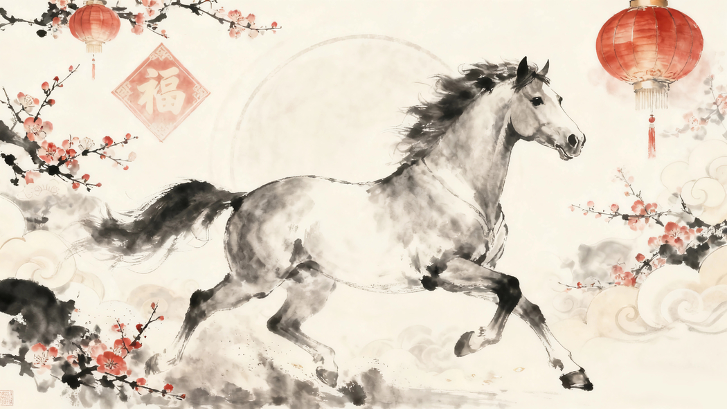 2026马年新年福字水墨风梅花4K高清壁纸3840x2160下载 2026马年新年福字水墨风梅花4K高清壁纸3840x2160下载