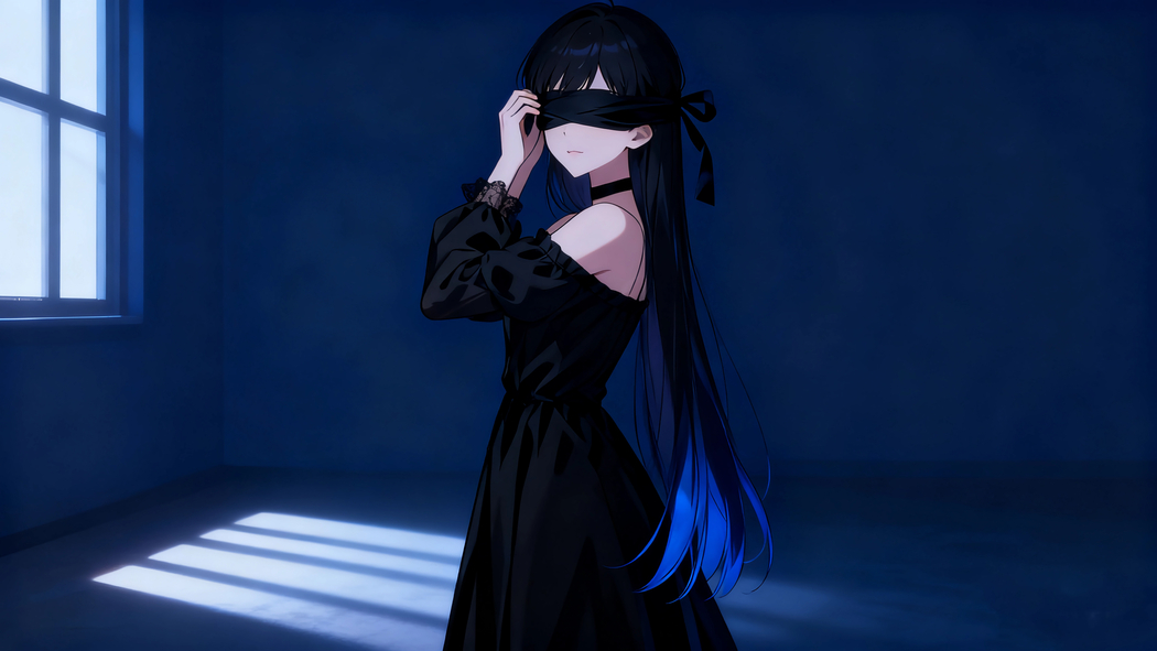 4K高清动漫壁纸,蒙眼女孩身着黑裙于房间中的光影盛宴3840x2160下载 4K高清动漫壁纸,蒙眼女孩身着黑裙于房间中的光影盛宴3840x2160下载