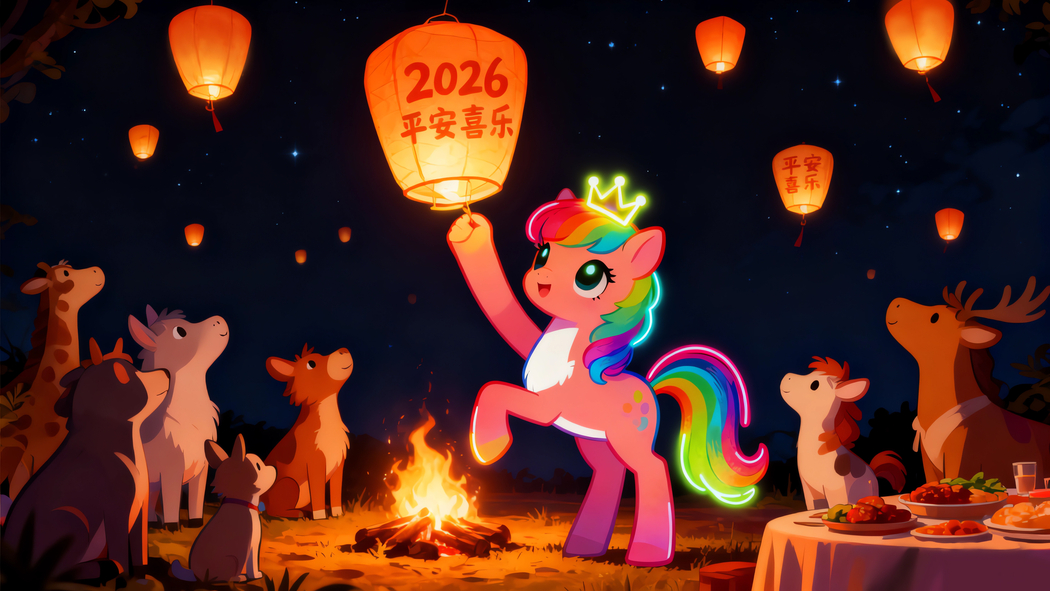 2026新年夜,小马与动物共庆,孔明灯映4K高清壁纸3840x2160下载 2026新年夜,小马与动物共庆,孔明灯映4K高清壁纸3840x2160下载