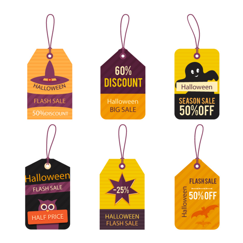 6款高清透明PNG彩色万圣节促销吊牌矢量图，含节日元素，圣诞节设计素材下载