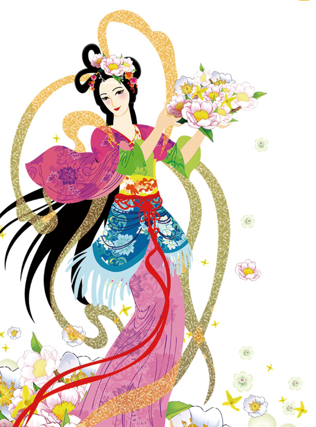 中秋佳节设计素材，嫦娥与花花高清PNG透明背景节日图片下载