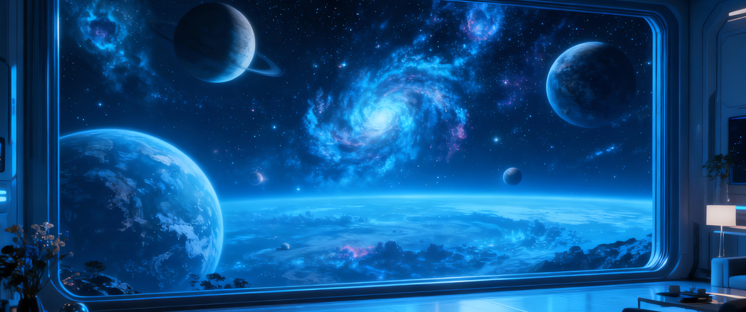 赛博朋克风4K高清3440x1440带鱼屏壁纸，科幻太空舱客厅星空星球动漫图下载