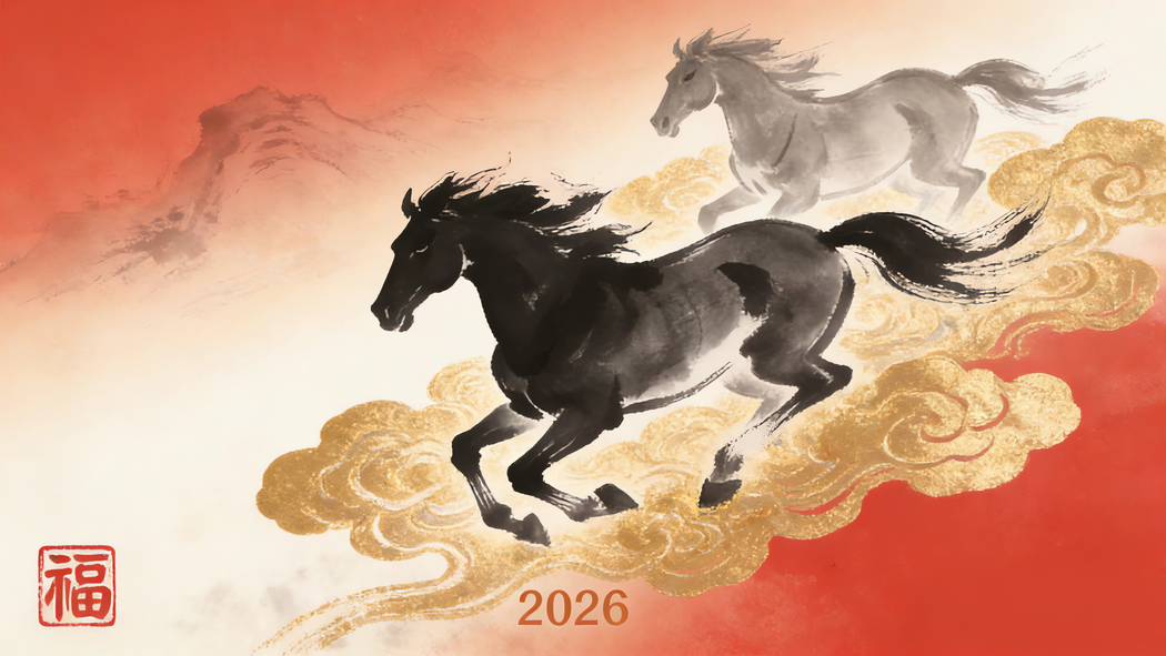 2026福马主题，国风双骏配祥云 4K高清壁纸3840x2160免费下载