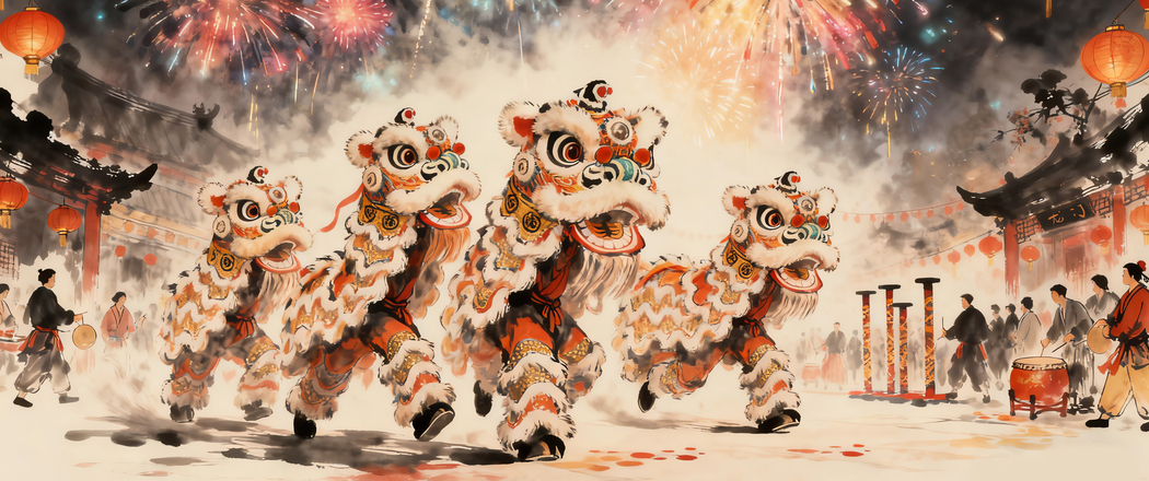 2026新年盛景,舞狮烟花灯笼 3440x1440超清带鱼屏壁纸下载 2026新年盛景,舞狮烟花灯笼 3440x1440超清带鱼屏壁纸下载