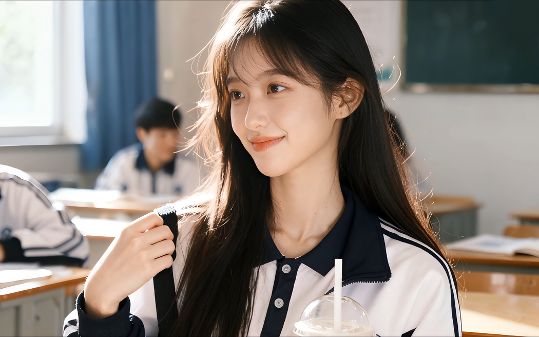 冷色系校服映衬的清纯美女 4K高清壁纸3840x2400下载