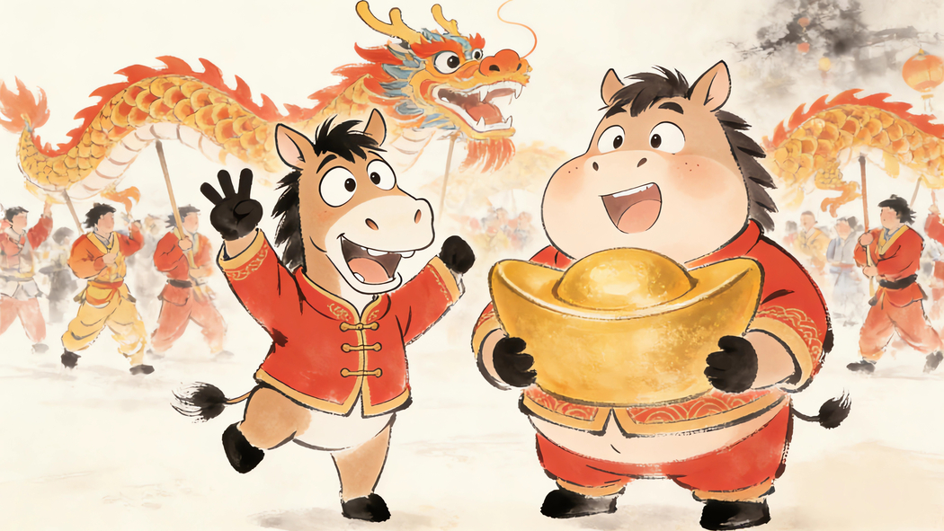 2026马年新春，小马胖马携大元宝舞龙4K高清壁纸3840x2160下载