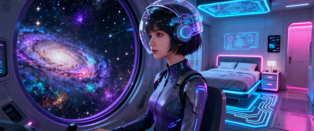 赛博朋克风,太空舱内短发美女邂逅科幻星空,3440x1440带鱼屏4K高清动漫壁纸下载 赛博朋克风,太空舱内短发美女邂逅科幻星空,3440x1440带鱼屏4K高清动漫壁纸下载