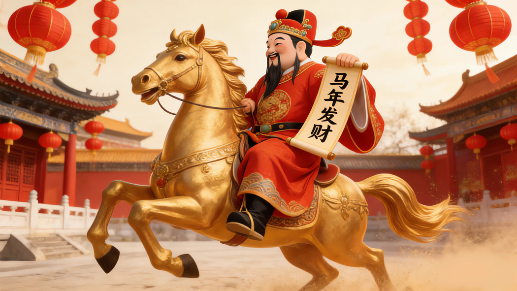 2026马年暴富，黄金马配财神新年4K高清壁纸3840x2160下载