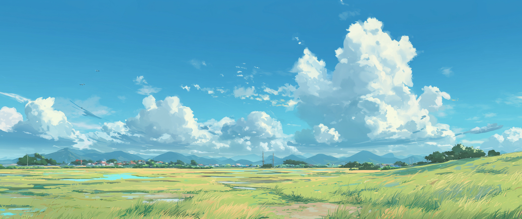 4K超清3440x1440带鱼屏，蓝天白云与清新草地的绝美风景壁纸下载