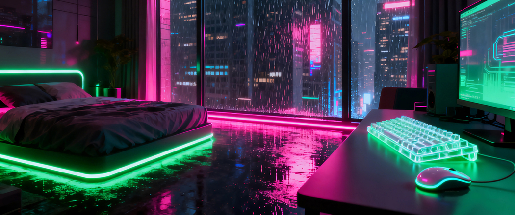 赛博朋克风3440x1440高清4K动漫带鱼屏壁纸，电脑桌机械键盘搭配下载