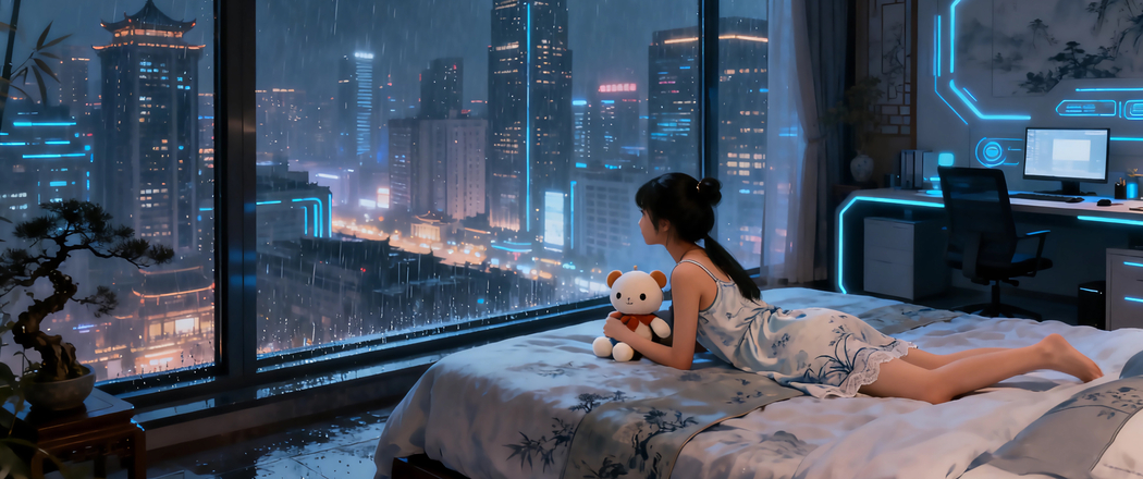 赛博朋克风小女孩倚落地玻璃窗3440x1440带鱼屏4K高清动漫壁纸下载