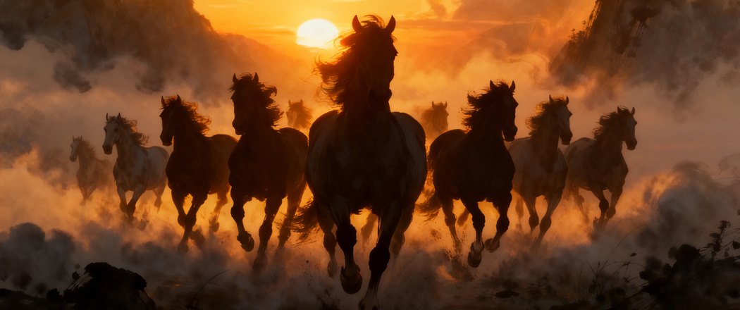3440x1440带鱼屏高清壁纸,美丽黄昏下十骏马奔腾图下载 3440x1440带鱼屏高清壁纸,美丽黄昏下十骏马奔腾图下载
