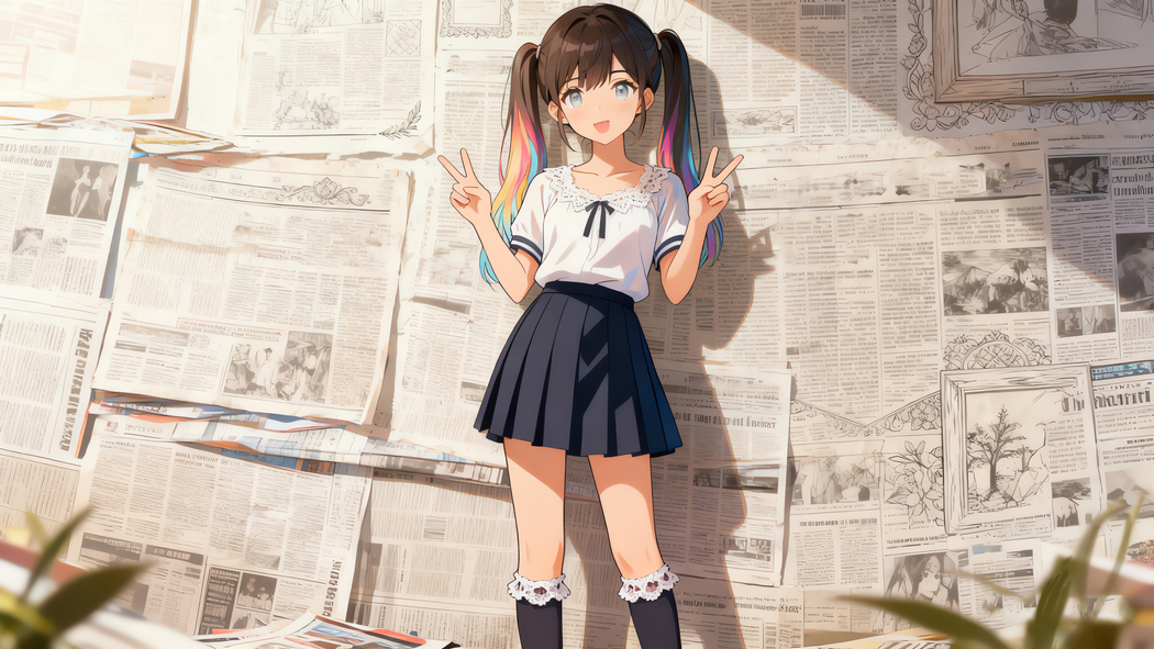 4K高清动漫壁纸,可爱双马尾辫小女孩穿百褶裙摆v手势报纸墙背景 4K高清动漫壁纸,可爱双马尾辫小女孩穿百褶裙摆v手势报纸墙背景