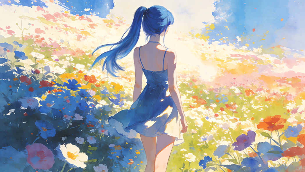 4K高清动漫壁纸,花海中蓝色马尾与蓝裙的唯美少女背影3840x2160下载 4K高清动漫壁纸,花海中蓝色马尾与蓝裙的唯美少女背影3840x2160下载