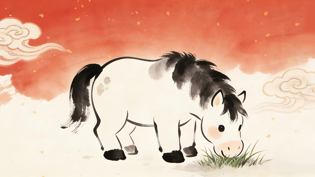 2026马年水墨风，可爱小马悠闲吃草4K高清壁纸3840x2160下载