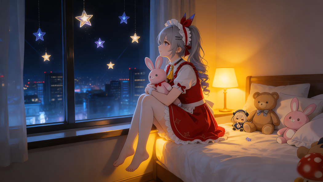 晚上女生房间动漫壁纸，台灯下坐床上小女孩与小兔小熊共赏窗外星星 4K高清免费下载