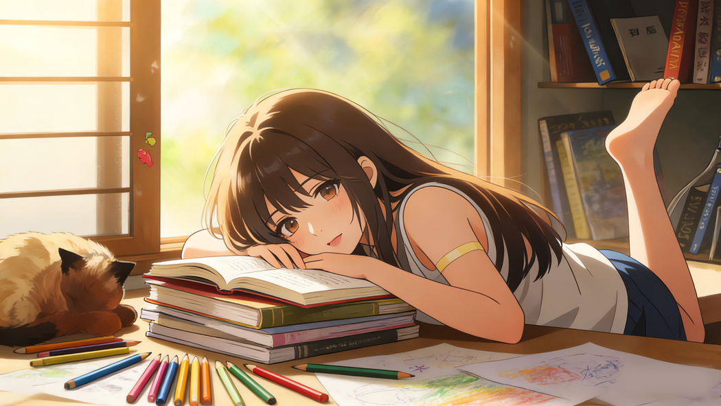 4K高清书房长发女孩倚书桌书本旁望窗动漫壁纸3840x2160免费下载