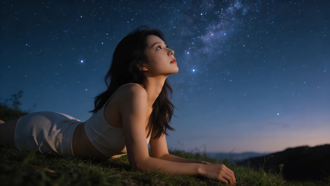 4840x2160免费下载 趴在草地上看星空4K高清美女壁纸