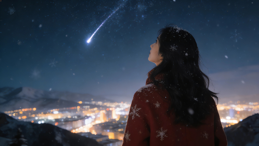 新年夜晚女孩独赏流星与远方城市灯光 4K高清星空风景壁纸3840x2160免费下载 新年夜晚女孩独赏流星与远方城市灯光 4K高清星空风景壁纸3840x2160免费下载