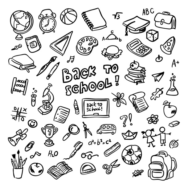 黑白手绘涂鸦文具书本PNG透明免扣设计素材免费下载