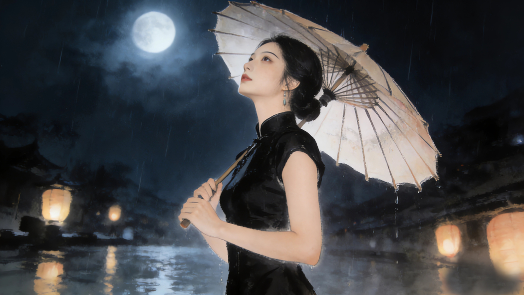 水墨画风格4K动漫壁纸，晚上月亮下的黑色旗袍美女持伞高清3840x2160免费下载