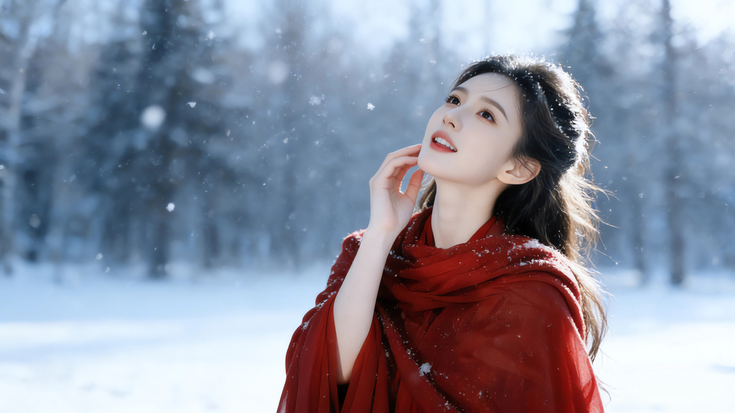 冬季雪景中红色衣服美女唯美4K高清壁纸3840x2160免费下载