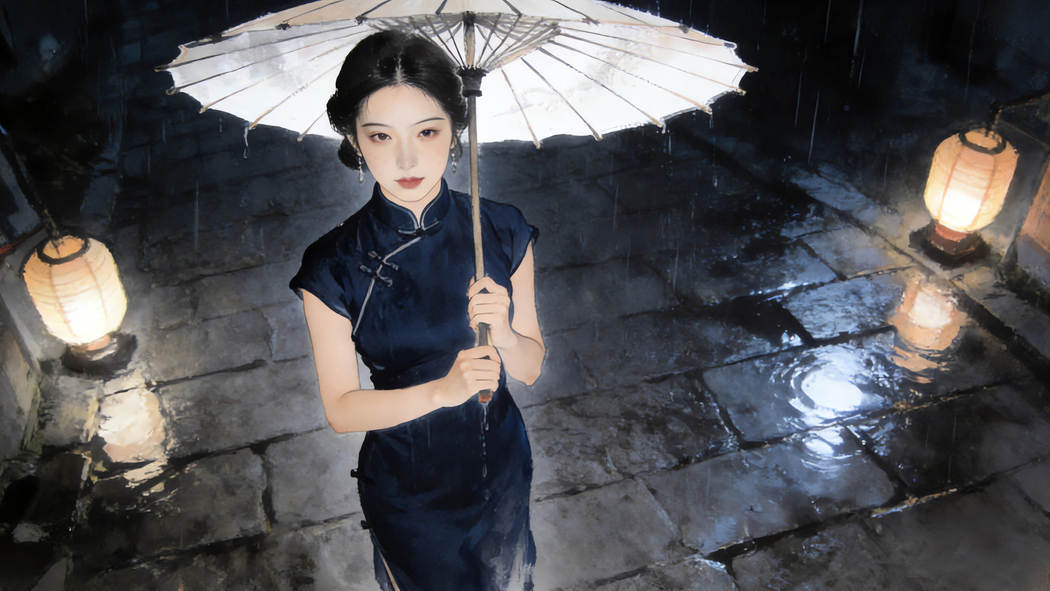 雨天夜晚街道旗袍美女撑伞4K动漫高清壁纸3840x2160免费下载