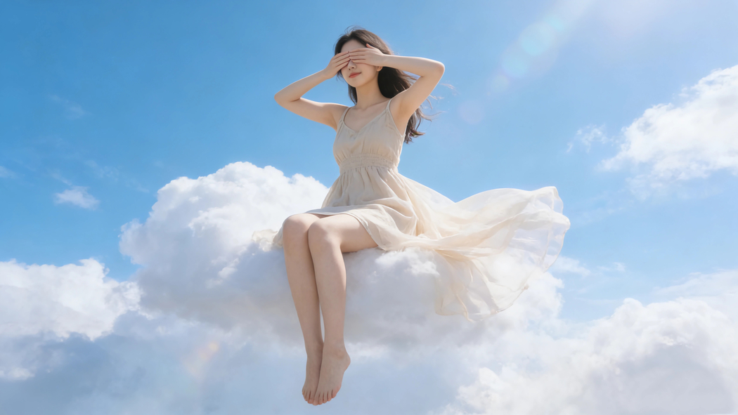 4K高清蓝天云上双手蒙眼长裙可爱美女壁纸3840x2160免费下载