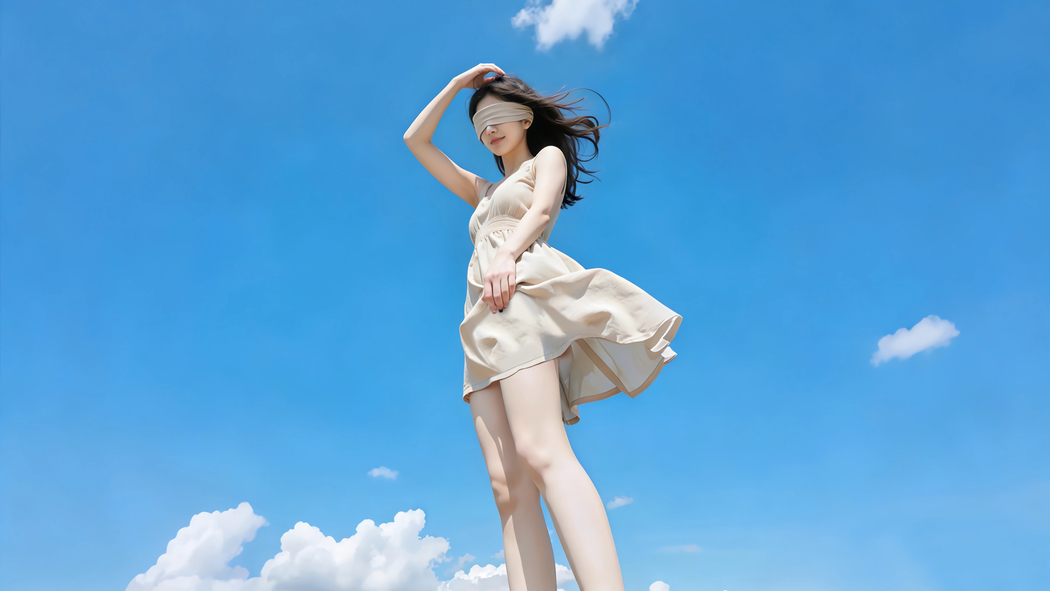 蓝天白云下阳光可爱蒙眼美女4K高清壁纸3840x2160免费下载