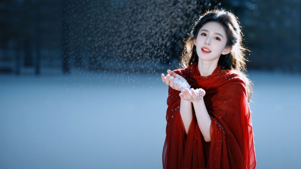 冬天手捧雪的红色裙子漂亮美女4K高清壁纸3862x2172免费下载