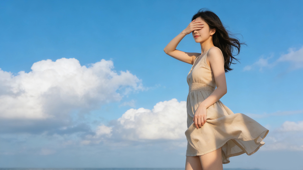 蓝天白云下清新美女一手蒙眼 4K高清壁纸3840x2160免费下载