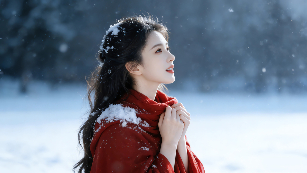 冬天雪景红衣美女侧脸4K高清壁纸3840x2160免费下载