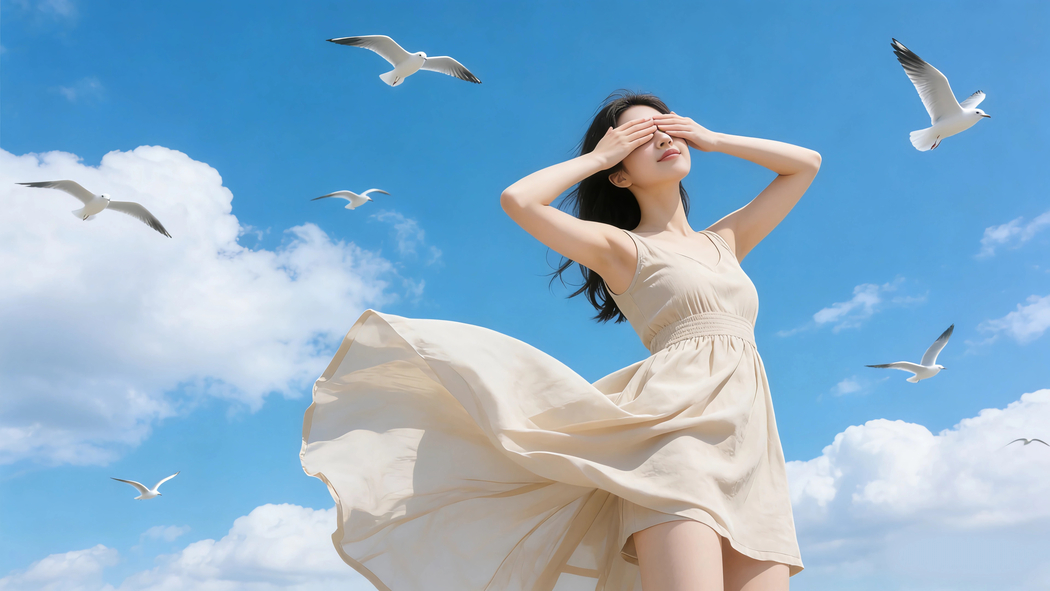 4K高清壁纸免费下载，蓝天白云下阳光美女双手蒙眼3840x2160