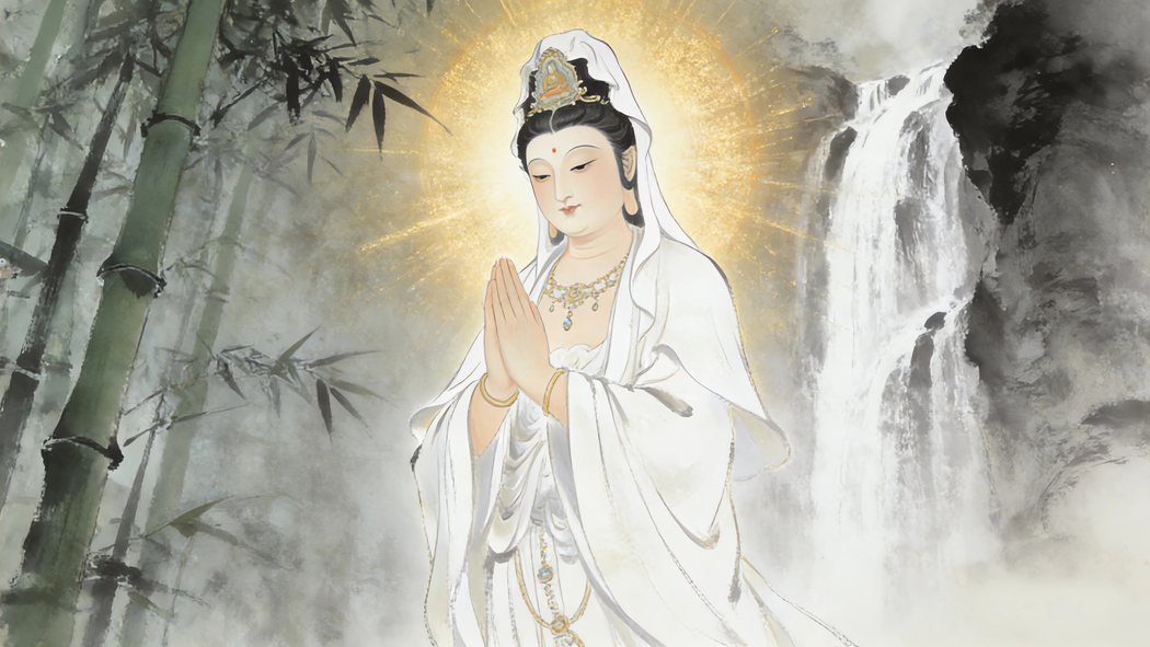 观音菩萨双手合十竹子水墨画4K宗教高清壁纸3840x2160免费下载