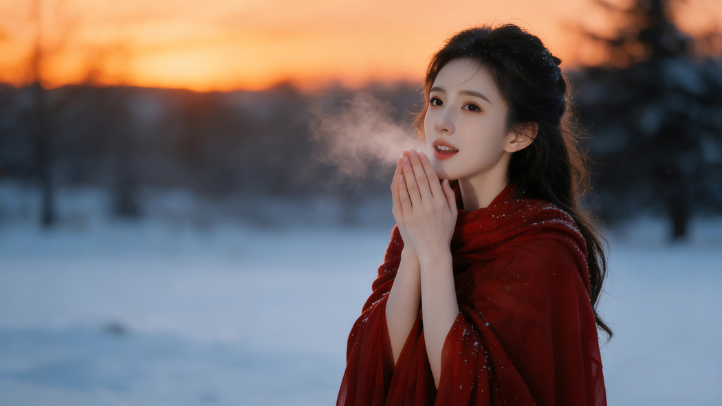 冬天红衣美女唯美雪景4K高清壁纸3840x2160免费下载