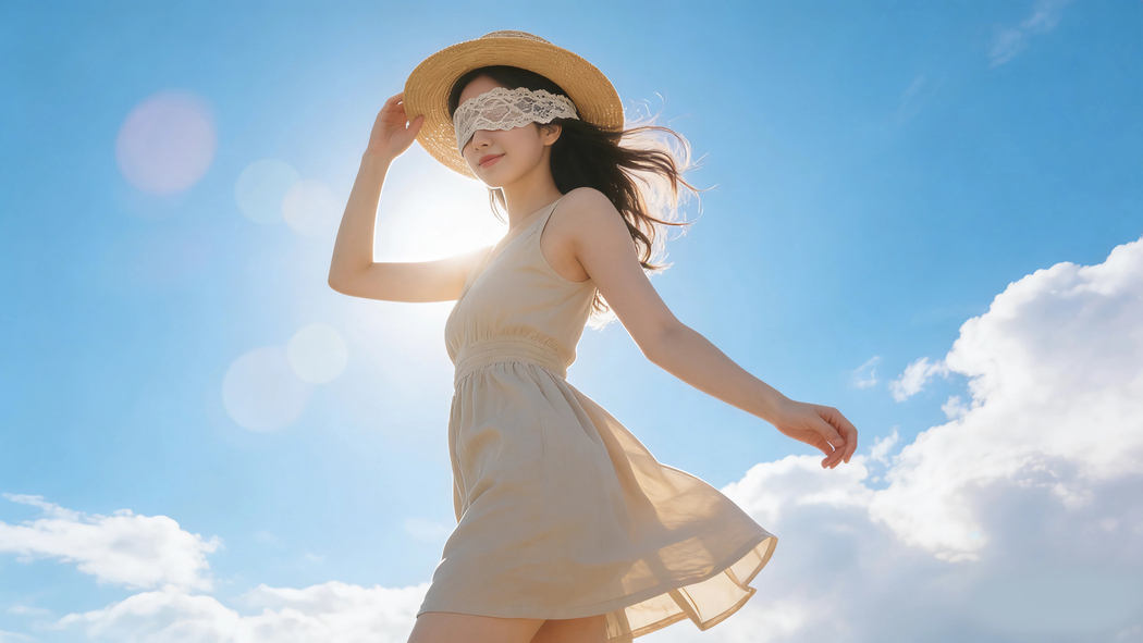 阳光美女蒙眼戴帽 蓝色天空白云4K高清壁纸3840x2160免费下载