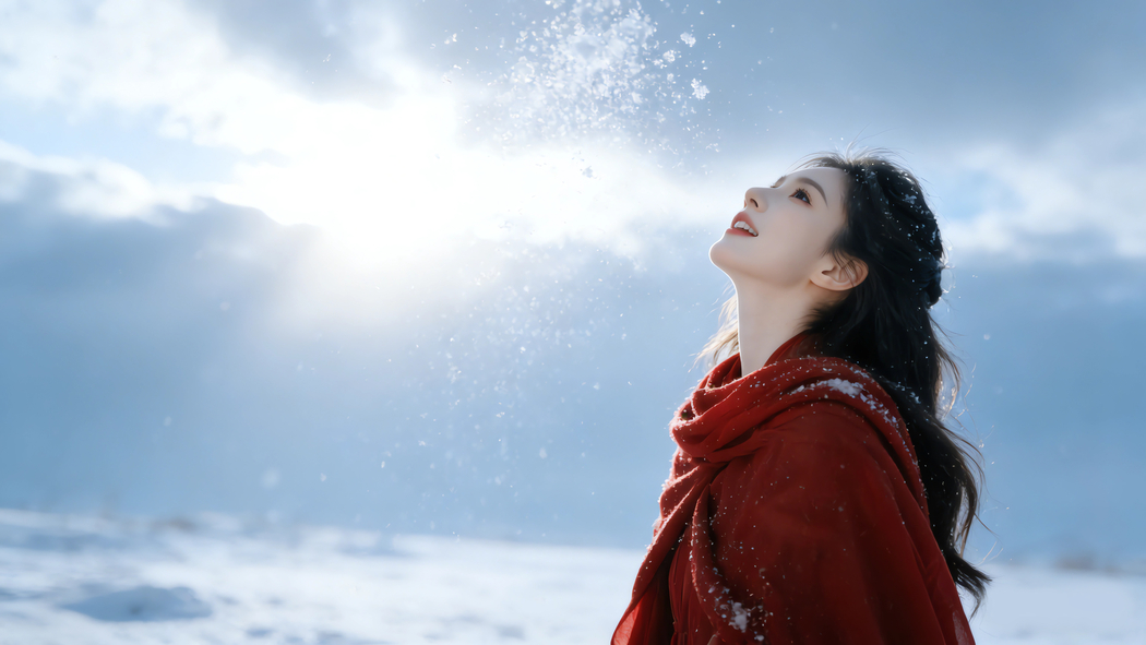 冬日雪景红衣美女仰望4K高清壁纸3840x2160免费下载