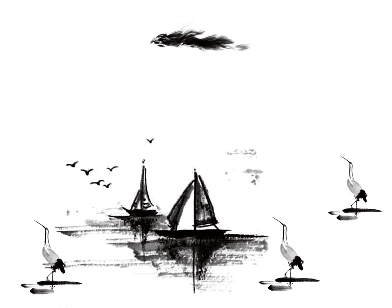 水墨湖景高清PNG透明及PSD笔触设计素材免费下载