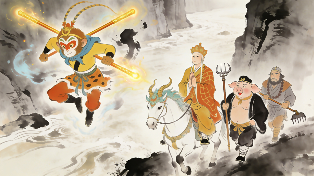 水墨风悟空师徒四人西天取经4K高清动漫壁纸3840x2160免费下载