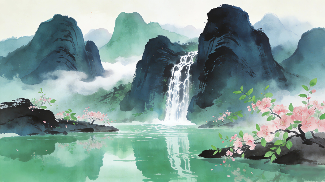山水画桃花水墨风4K高清风景壁纸3840x2160免费下载