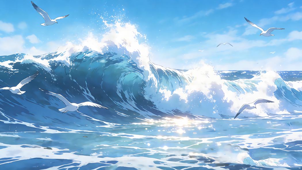 海浪海鸥主题4K高清绘画风景壁纸4000x2252免费下载
