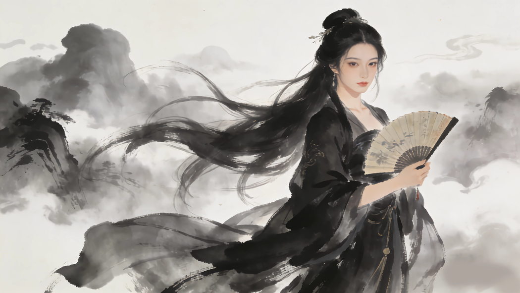 黑色古风服美女持扇水墨风4K高清动漫壁纸3840x2160免费下载