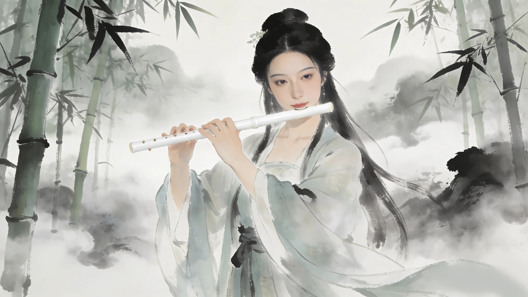 唯美古风美女笛子竹林水墨风 4K高清动漫壁纸3840x2160免费下载