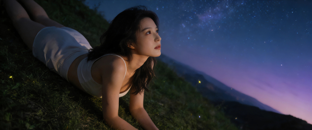 夜晚草地星空下3440x1440高清4K美女壁纸免费下载
