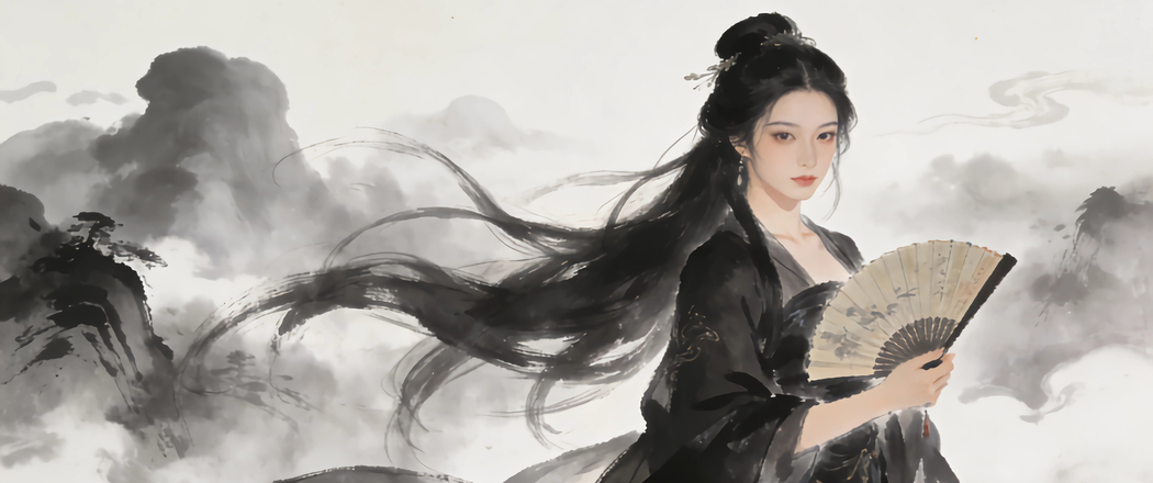 黑色古风服美女持扇水墨风 3440x1440带鱼屏4K高清动漫壁纸免费下载