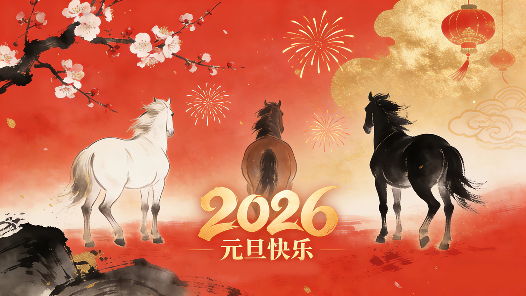 2026元旦快乐三匹马梅花灯笼4K高清壁纸3840x2160免费下载