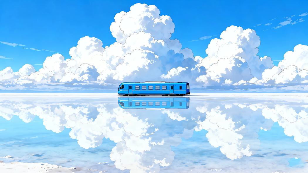 蓝天云层湖面与蓝色列车4K高清风景壁纸3840x2160免费下载
