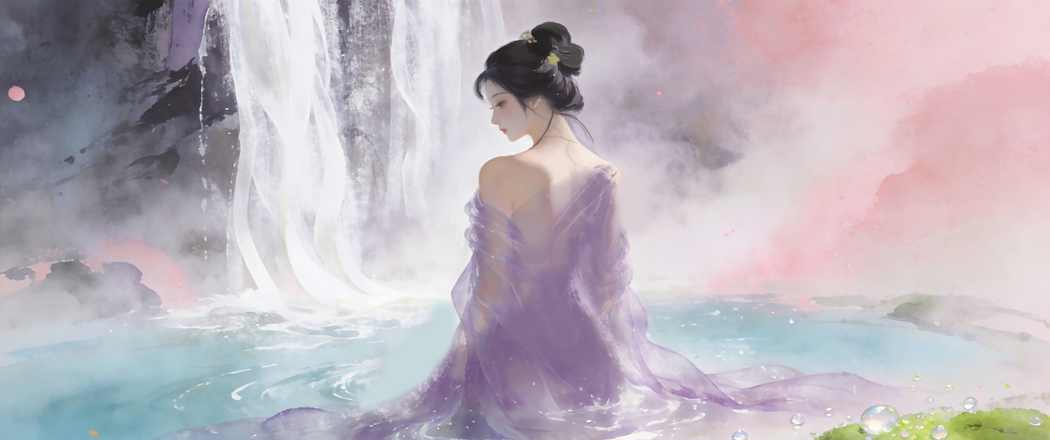 女孩背影唯美古风瀑布3440x1440带鱼屏4K高清动漫壁纸免费下载