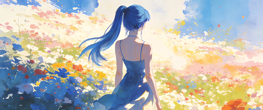 唯美蓝色马尾辫少女背影花海4K动漫壁纸3440x1440免费下载 唯美蓝色马尾辫少女背影花海4K动漫壁纸3440x1440免费下载