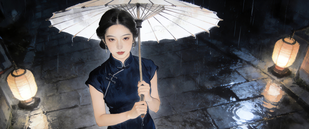 雨天夜晚街道旗袍美女4K超高清横屏壁纸3440x1440免费下载